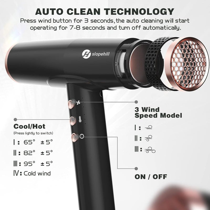 SLOPEHILL Professional Ionic Hair Dryer with Diffuser - Lightweight, Compact, Powerful & Fast Salon Blow Dryer with High Speed Brushless Motor for Travel, Women & Men (Ceramic, Black) - Image 4